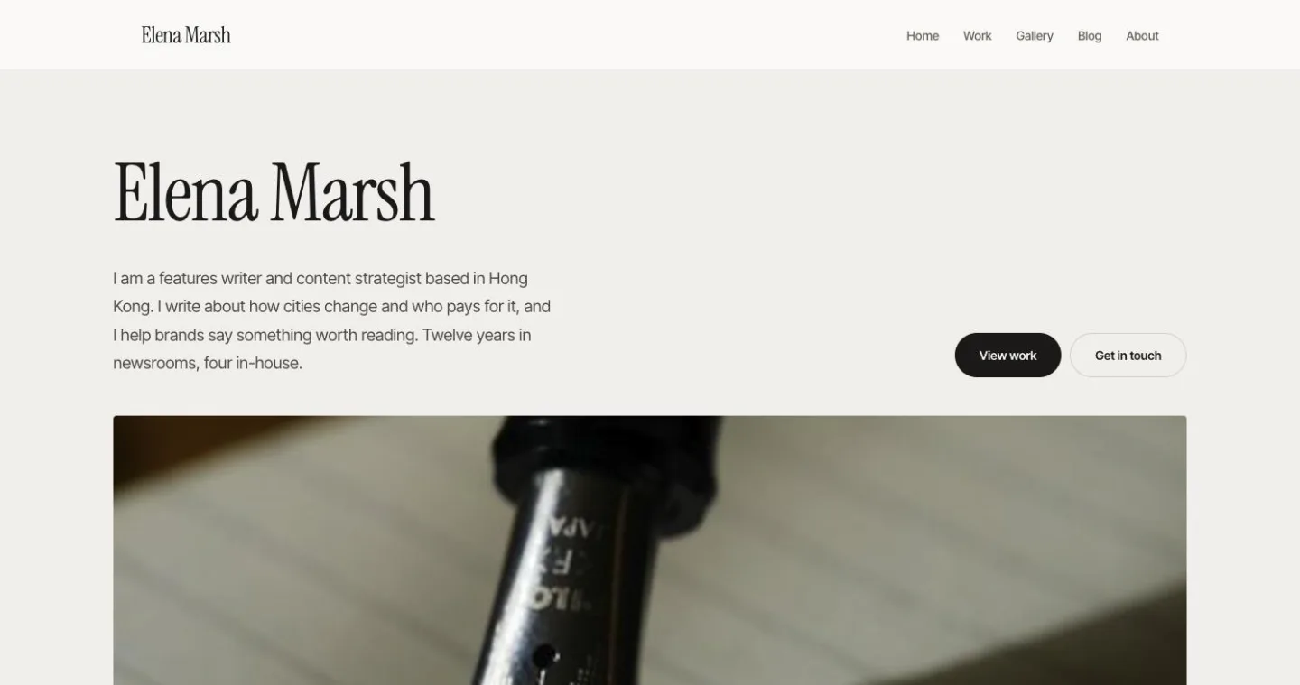 Writer portfolio homepage for a sample features writer, with a large name and an introduction
